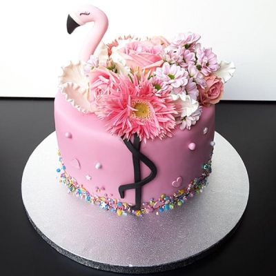 Motivtorte Flamingo mit Blumen